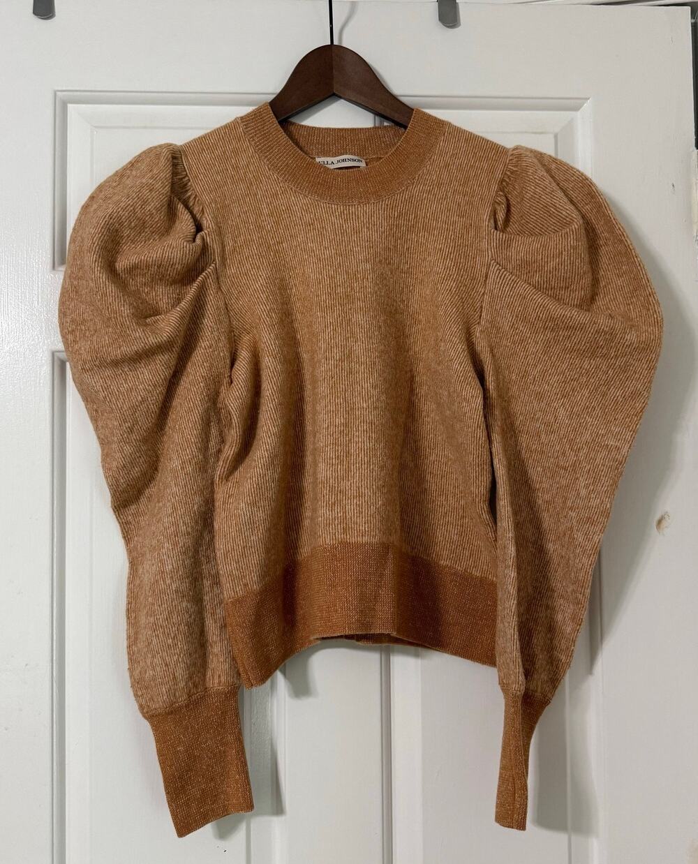 Ulla Johnson Ruched Puff Sleeve Ribbed Crewneck Pullover Sweater Size M